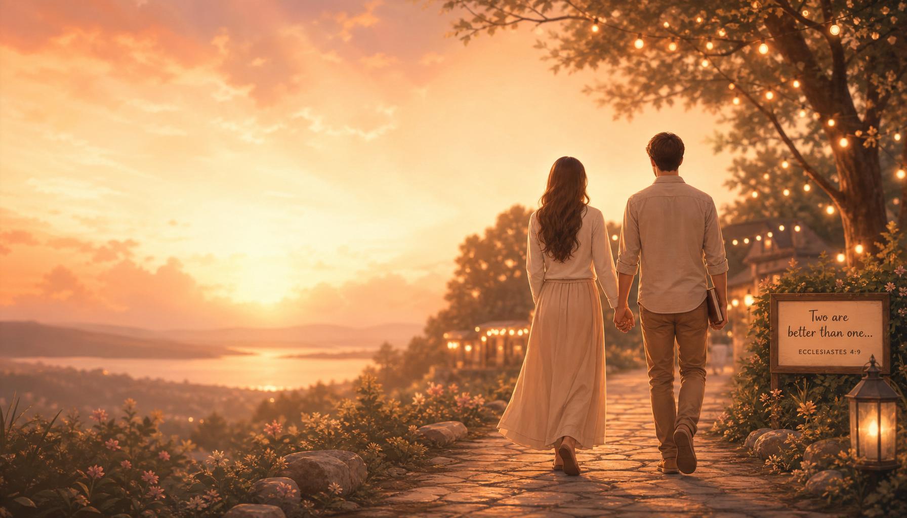 A couple walking together at sunset with warm string lights